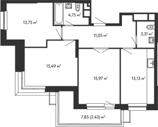 Трёхкомнатная квартира 79.79 м²