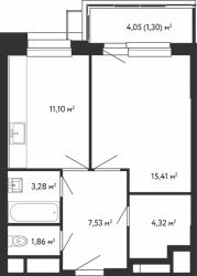 Однокомнатная квартира 44.72 м²